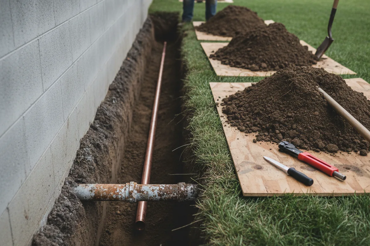 Excavated water line trench during Sewer Line Repair in Earlham